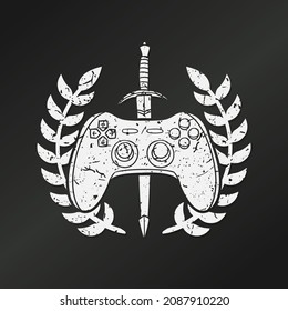 Ilustración de silueta de iconos de la almohadilla de juegos medievales del equipo de logotipos. Sword Gamer Controller Vector Gráfico Pictograma Símbolo Clip Art. Dibujo Doodle Signo negro.