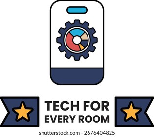 A logo for Tech for Every Room. The logo is a phone with a gear on it. The logo is blue and white
