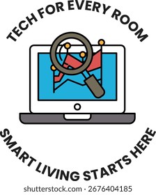Um logotipo para Tech for Every Room Smart Living começa aqui. O logotipo apresenta uma lente de aumento na tela do notebook