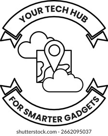 Um logotipo para um hub técnico para gadgets mais inteligentes. O logotipo apresenta um mapa com um pino e nuvens ao fundo