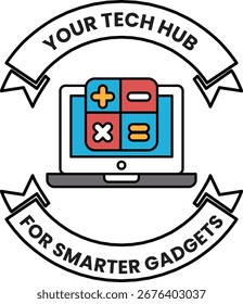 Un logotipo para un centro tecnológico para dispositivos más inteligentes. El logo presenta una computadora portátil con una calculadora y un cuadrado rojo y azul con una X