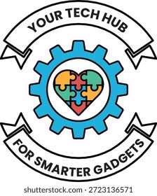 Ein Logo für einen Technologie-Hub für intelligentere Gadgets. Das Logo verfügt über ein Puzzleteil Herz und eine Ausrüstung