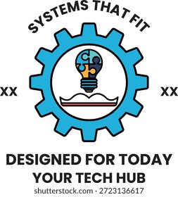 A logo for a tech hub that is designed for today. The logo features a light bulb and a gear, and is designed to be used on a white background