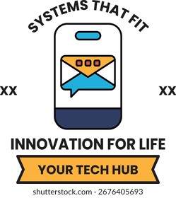 Un logotipo para un centro tecnológico centrado en la innovación de por vida. El logotipo presenta un teléfono celular con un sobre azul y blanco, que simboliza la comunicación y la conexión