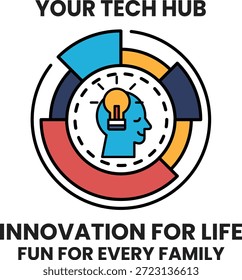 Logo de un centro tecnológico que dice "Innovación para la vida" y presenta a un hombre con una bombilla en la cabeza