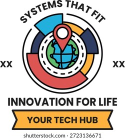 Un logotipo para un centro tecnológico que dice "innovación para la vida" y presenta un globo terráqueo. El logo es blanco y negro y tiene una cinta alrededor