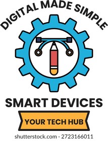 Un logotipo para un centro tecnológico que es simple y fácil de entender. El logotipo presenta un engranaje con un lápiz y un bolígrafo en su interior. El logotipo es blanco y negro y tiene un aspecto limpio y moderno