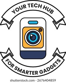 Un logotipo para un centro tecnológico que es para dispositivos más inteligentes. El logo presenta una cámara y un Anuncio que dice "Tu centro tecnológico"