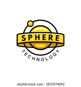 Logo para una empresa de tecnología, forma de esfera pequeña que orbita alrededor de una más grande con, tecnología Esfera, texto. Hecho en bordes amarillos y negros.