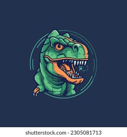 Logo für ein Technologieunternehmen mit einem t-rex Maskottchen.