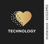 Logo technology. Digital, Media. Gold. Pixel heart. Vector