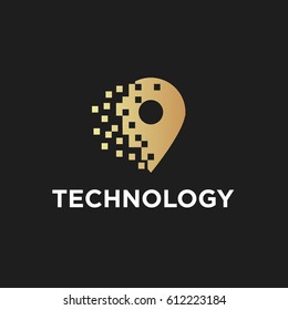 Logo technology. Digital, Media. Gold. Pixel map pointer. Vector