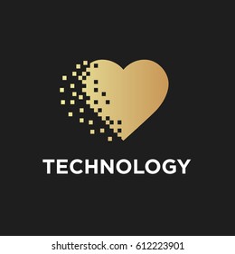 Logo technology. Digital, Media. Gold. Pixel heart. Vector