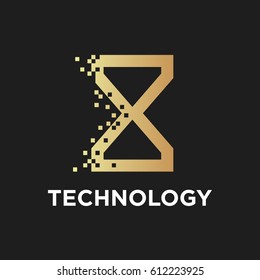 Logo technology. Digital, Media. Gold. Pixel sand clock / time. Vector