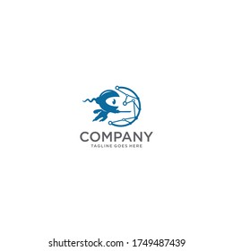 Logo technology with ninja swords and blue circles connected technology suitable for software business companies. modern logo