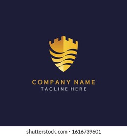 Logo Template About Safe and Strong Security and Classy, Represented with a Shield on the Top Shaped Classic Castle with Wave Motif Accents