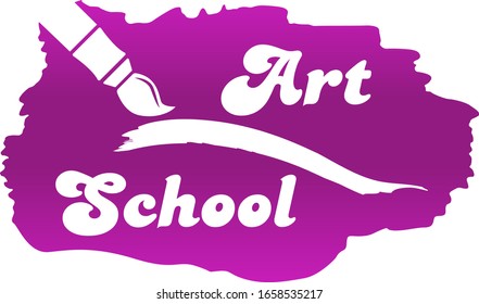 Logo template for art school with brush, brush stroke and purple background. Vector illustration.