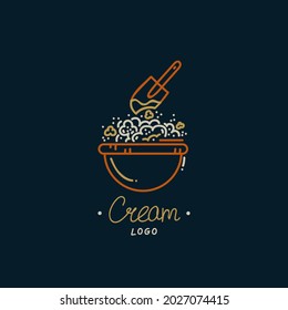 Logo template with baking ingredients. Illustration of flour in a bowl and a spoon. A beautiful logo Doodle for a bakery or pastry shop. Vector illustration