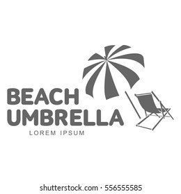 Logo template with beach umbrella and sun bathing lounge chair, vector illustration isolated on white background. Black and white graphic logotype, logo template with sunbathing chair and umbrella