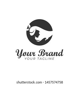 logo template of beautiful woman's face with long hair and leaf in black and white color