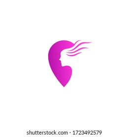 Logo template of beauty woman and pin. Simple flat style. Vector logo template ready for use.