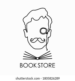 logo template for a bookstore or society of book lovers. Vector illustration in the style of minimalism.isolated on a white background.man in pince-nez, book and place for text