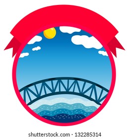 Logo template with bridge. River landscape banner layout with ribbon.