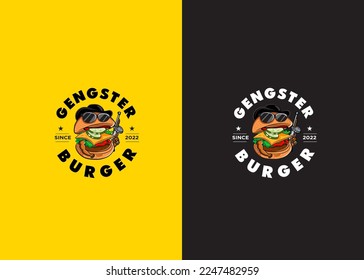 Logo template burger gangster, vintage burger gangster logo with illustration character design. Suitable for design T-Shirt and printing, bags, etc. Vector logo design. Vector character design 