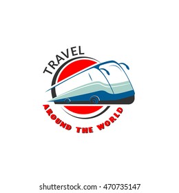 Logo template for bus tours, travel agents, freight company. Used  red,  blue and gray colors. Bus on the background of the circle and the sphere symbolizing the planet