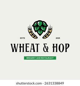 Logo template for business that related with beer drink. Illustration of yellow ears of wheat and green hop in bold and joyful graphic style