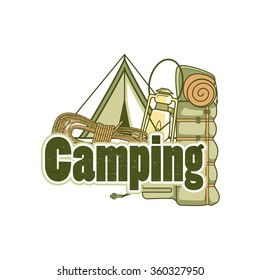 Logo template for camping with a tent, backpack, rope and kerosene lamp. Vector label on a white background.