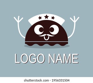 Logo template with cartoon jellyfish with mustache and hat. Vector illustration.