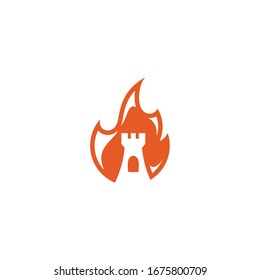 Plantilla de logotipo de castillo y fuego. Sencillo estilo plano. Plantilla de logotipo vectorial lista para su uso.