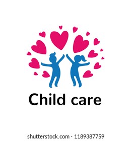 Logo template charity health sign, two children silhouettes, boy and girl, minimal simple design, kids care, people help foundation logotype, many hearts, happy people hands up, friendship symbol.