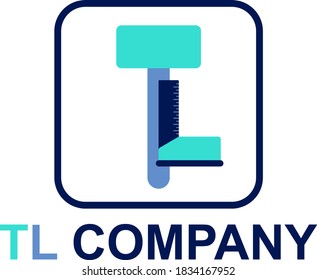 Logo template for company named TL with sledgehammer and angle ruler. Vector illustration.