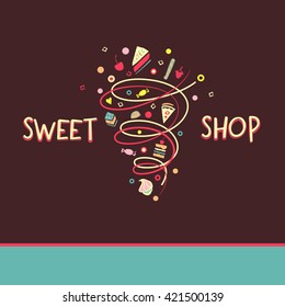 Logo template for confectionery, bakery. Candy store. Candy and cookies. Bright, festive style.Sweet shop.