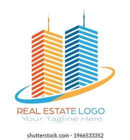 Logo-Vorlage für Bau- und Immobilien, Miete, Miete, Verkauf und Kauf von Wohnungen. Vektorgrafik, flaches Design.