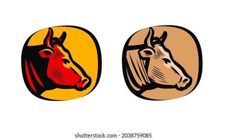 Logo template with cow or bull for butcher shop. Meat beef emblem vector illustration