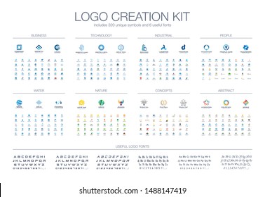 Logo template creation kit. Fonts collection. Abstract business people, finance technology, industry icon set. Nature, water, food logotype design elements. Healthcare, education, real estate concepts