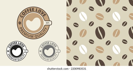 Logo template, cup of coffee with foam in the shape of a heart. Seamless pattern with coffee beans on a light background 