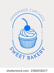 Logo-Vorlage mit Cupcake. Line Art, Retro. Vorgefertigtes Design für Bäckereien, Cafés und Restaurants.