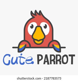 Logo template with cute ara parrot. Vector logo design template for zoo, veterinary clinics, etc. Cartoon exotic bird logo illustration.