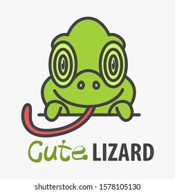 Logo template with cute chameleon. Vector logo design reptile lizard template for zoo, veterinary clinics, etc. Cartoon animal logo illustration.