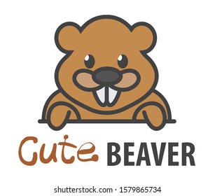 Logo template with cute curious beaver. Vector logo design template for zoo, veterinary clinics, etc. Cartoon animal logo illustration.