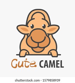 Logo template with cute curious camel. Vector logo design safari animal template for zoo, veterinary clinics. Cartoon animal logo illustration.