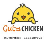 Logo template with cute curious little yellow chicken. Vector logo design template for farm, veterinary clinics, etc. Cartoon animal logo illustration.