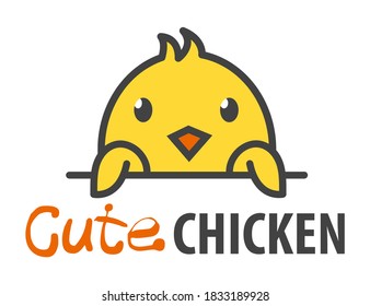 Logo template with cute curious little yellow chicken. Vector logo design template for farm, veterinary clinics, etc. Cartoon animal logo illustration.