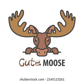 Logo template with cute curious moose. Vector logo design elk template for zoo, veterinary clinics, etc. Cartoon animal logo illustration.