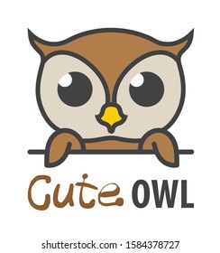 Logo template with cute curious owl. Vector logo design template for zoo, veterinary clinics, etc. Cartoon animal logo illustration.