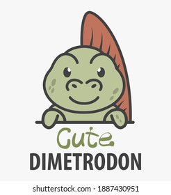 Logo template with cute dimetrodon. Vector logo design template for museum of paleontology or for childrens shop. Cartoon ancient dinosaur logo illustration.